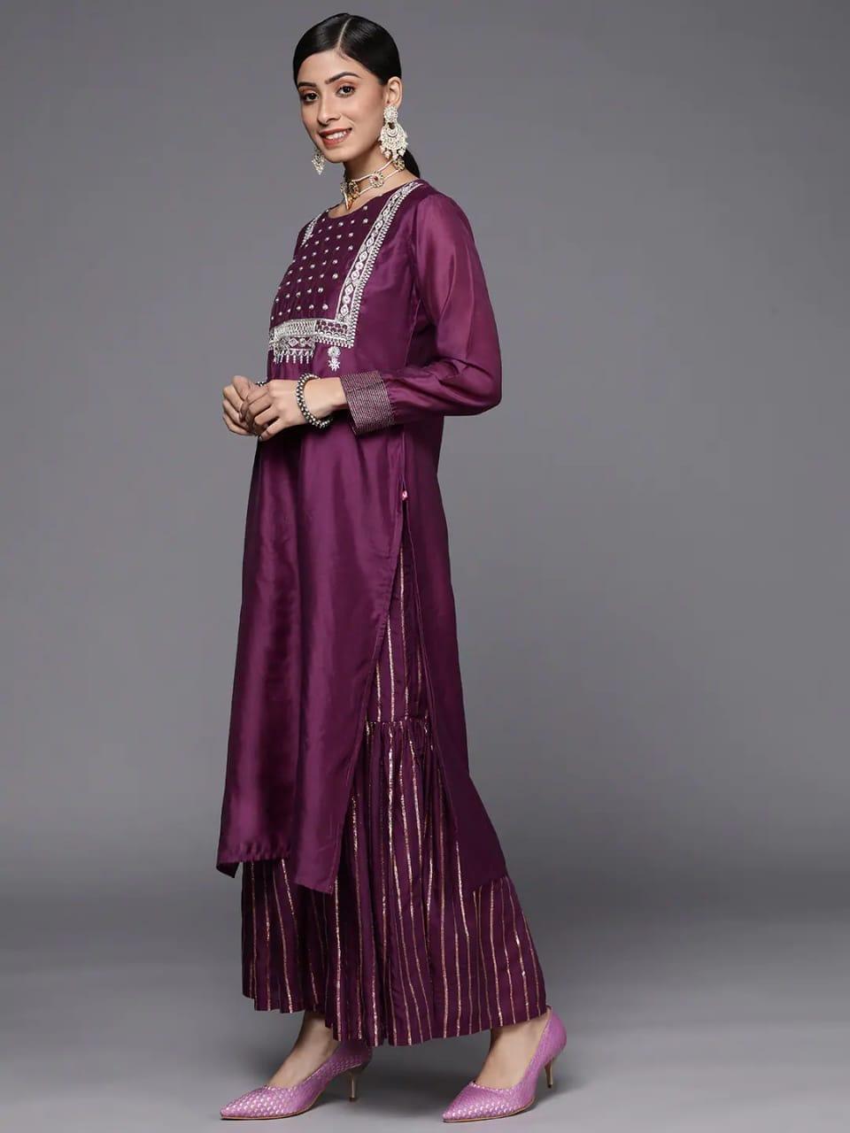 Varanga Women Purple Embroidered Chanderi Silk Kurta with Sharara & With Dupatta - Indiakreations