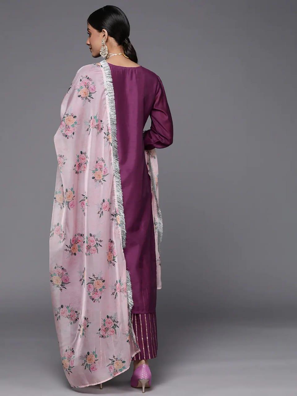 Varanga Women Purple Embroidered Chanderi Silk Kurta with Sharara & With Dupatta - Indiakreations