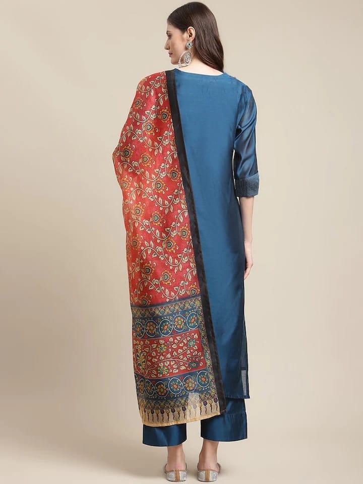 Varanga Women Blue Ethnic Motifs Embroidered Chanderi Silk Kurta with Trousers & Dupatta - Indiakreations