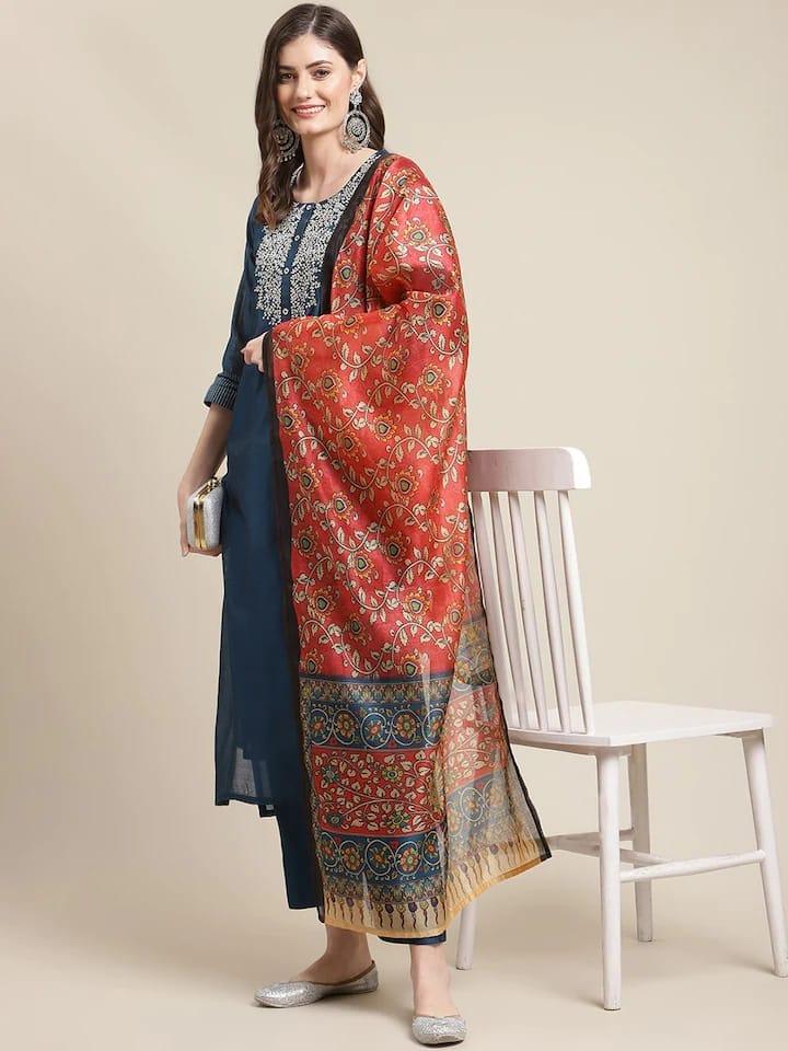 Varanga Women Blue Ethnic Motifs Embroidered Chanderi Silk Kurta with Trousers & Dupatta - Indiakreations