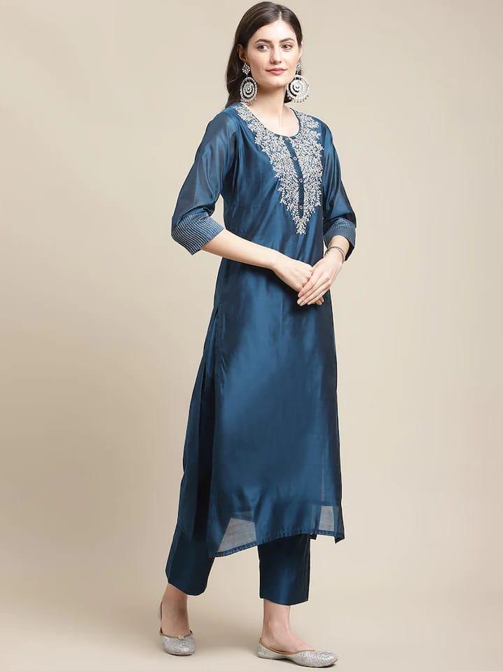 Varanga Women Blue Ethnic Motifs Embroidered Chanderi Silk Kurta with Trousers & Dupatta - Indiakreations