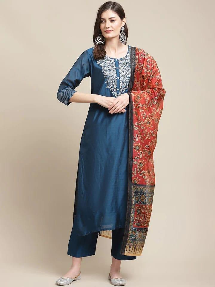 Varanga Women Blue Ethnic Motifs Embroidered Chanderi Silk Kurta with Trousers & Dupatta - Indiakreations