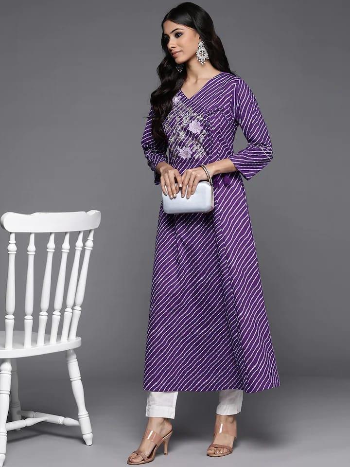 Varanga Women Purple Floral Embroidered Indie Prints Cotton Anarkali Kurta - Indiakreations