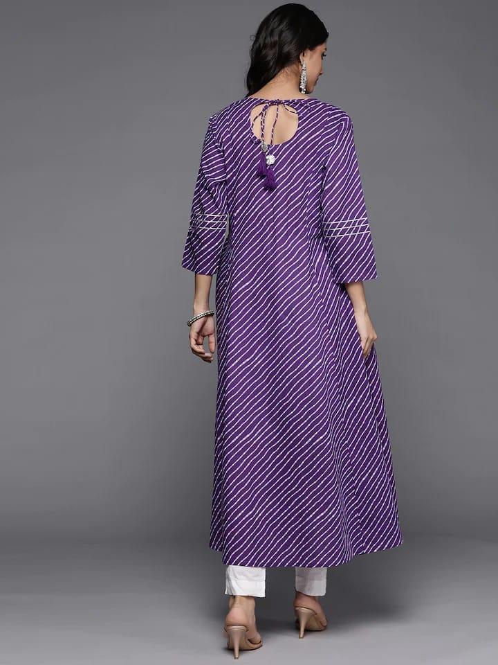 Varanga Women Purple Floral Embroidered Indie Prints Cotton Anarkali Kurta - Indiakreations