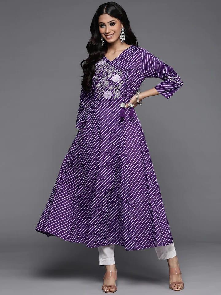 Varanga Women Purple Floral Embroidered Indie Prints Cotton Anarkali Kurta - Indiakreations