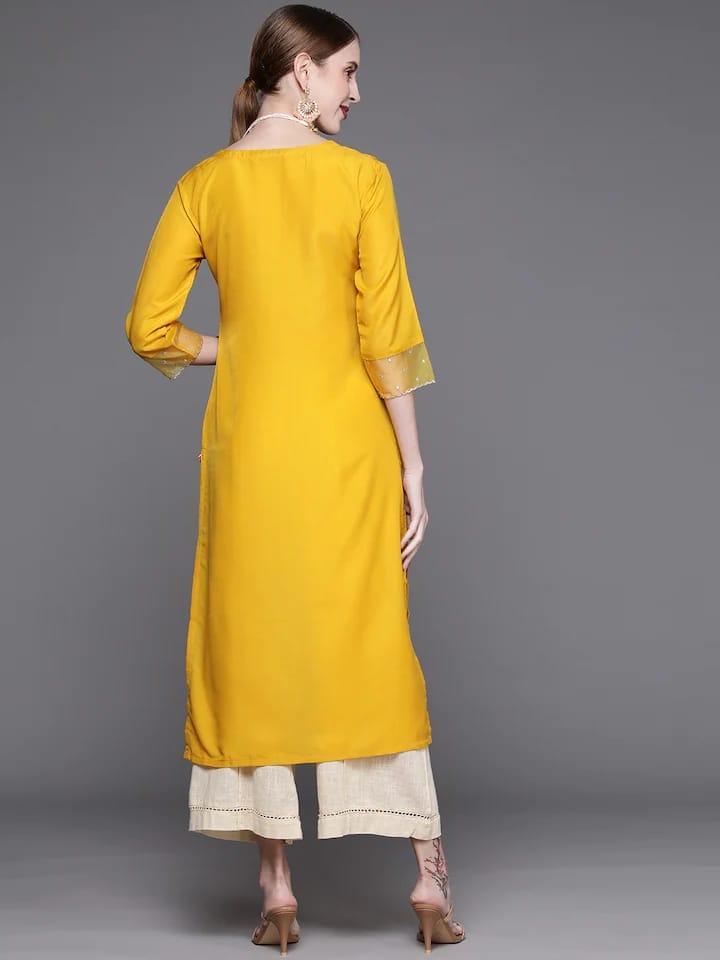 Varanga Women Yellow & Silver-Toned Yoke Design Floral Kurta - Indiakreations