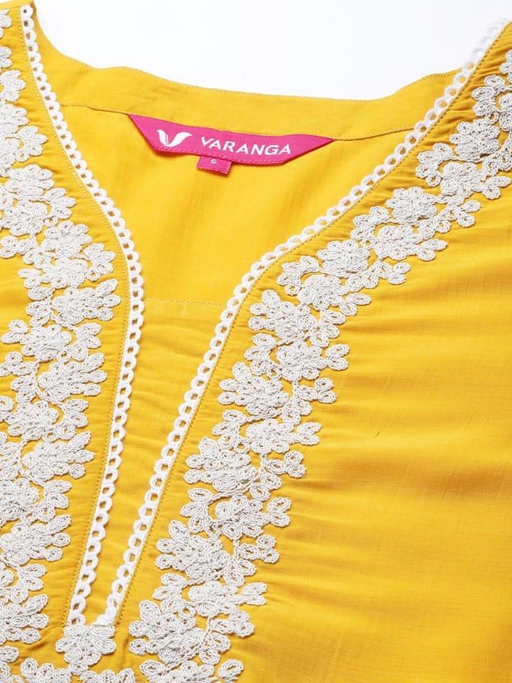 Varanga Women Yellow & Silver-Toned Yoke Design Floral Kurta - Indiakreations