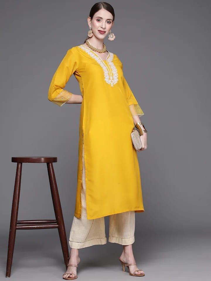 Varanga Women Yellow & Silver-Toned Yoke Design Floral Kurta - Indiakreations