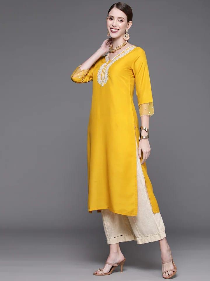 Varanga Women Yellow & Silver-Toned Yoke Design Floral Kurta - Indiakreations