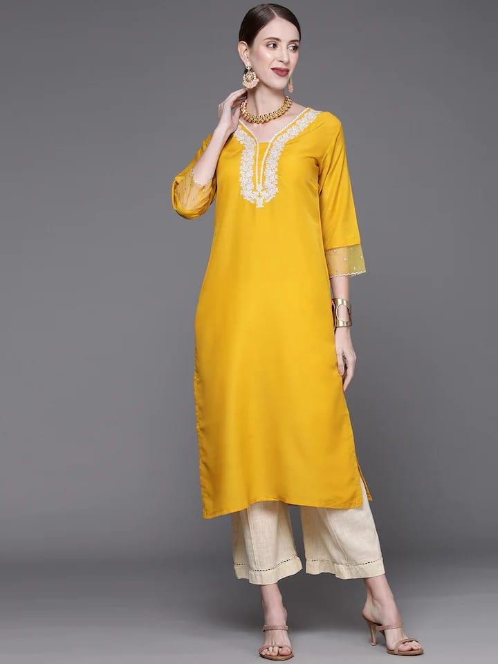 Varanga Women Yellow & Silver-Toned Yoke Design Floral Kurta - Indiakreations