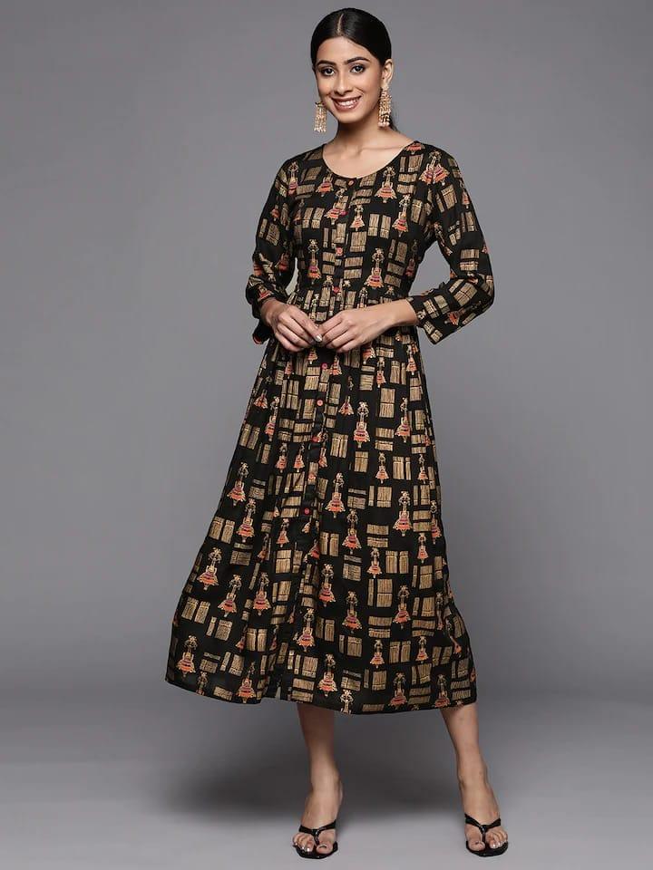 Black Printed Empire Dress - Indiakreations