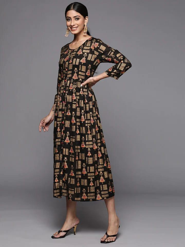 Black Printed Empire Dress - Indiakreations