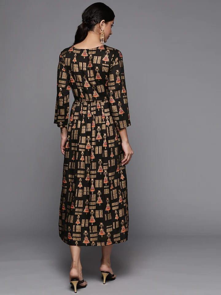 Black Printed Empire Dress - Indiakreations