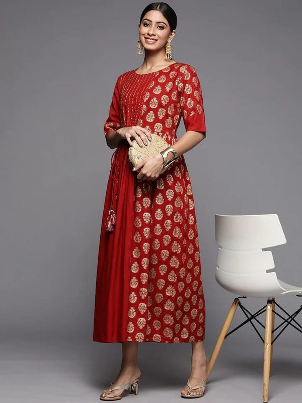 Varanga Red & Gold-Toned Floral Maxi Dress - Indiakreations