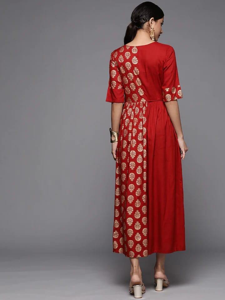 Varanga Red & Gold-Toned Floral Maxi Dress - Indiakreations