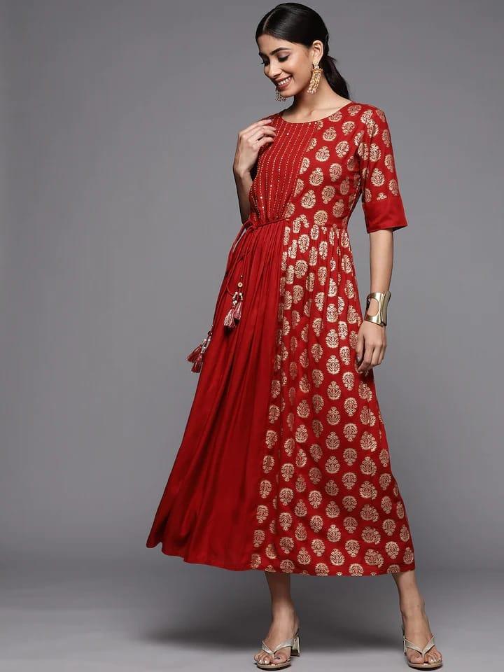 Varanga Red & Gold-Toned Floral Maxi Dress - Indiakreations