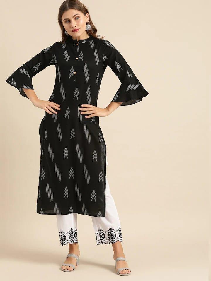 Varanga Women Black & White Geometric Printed Bell Sleeves Kurta - Indiakreations