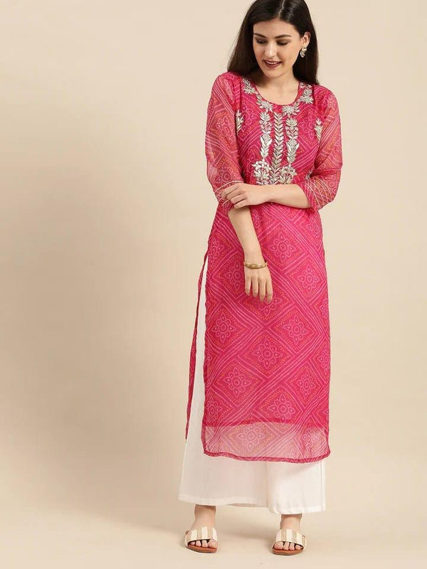 Varanga Women Pink Ethnic Motifs Embroidered Georgette Kurta - Indiakreations