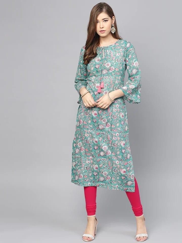 Varanga Women Green & White Printed Straight Kurta - Indiakreations