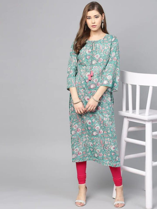 Varanga Women Green & White Printed Straight Kurta - Indiakreations