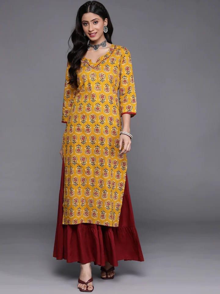 Varanga Women Mustard Yellow & Red Floral Embellished Kurta - Indiakreations