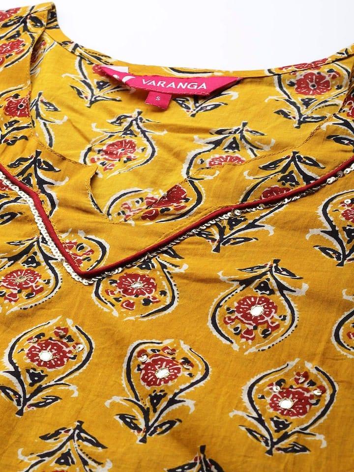 Varanga Women Mustard Yellow & Red Floral Embellished Kurta - Indiakreations