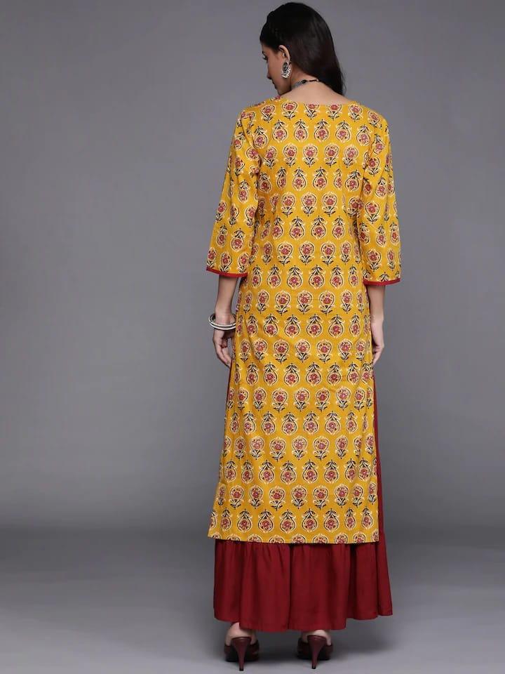 Varanga Women Mustard Yellow & Red Floral Embellished Kurta - Indiakreations