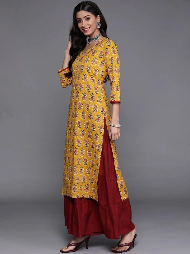 Varanga Women Mustard Yellow & Red Floral Embellished Kurta - Indiakreations