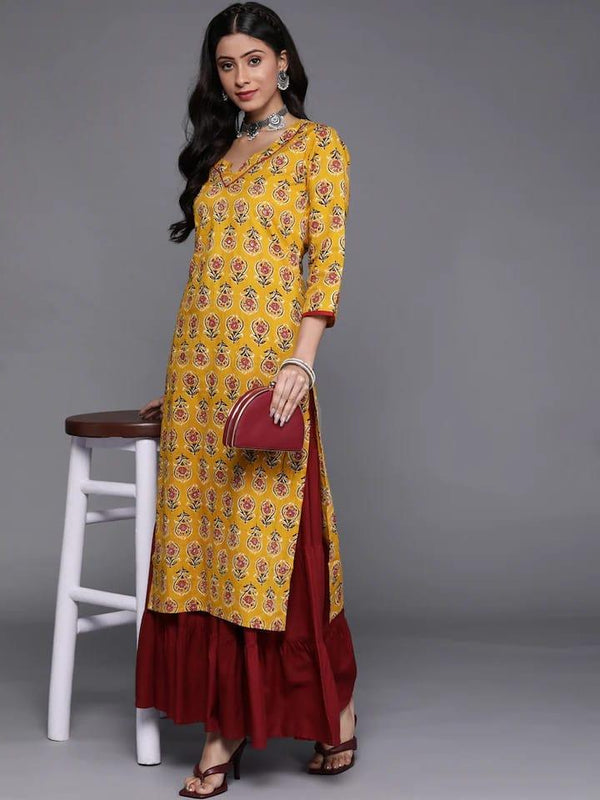 Varanga Women Mustard Yellow & Red Floral Embellished Kurta - Indiakreations