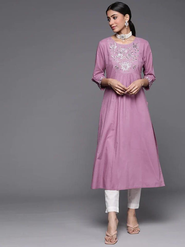 Varanga Women Mauve Ethnic Motifs Embroidered Yoke Design Pure Cotton Kurta - Indiakreations