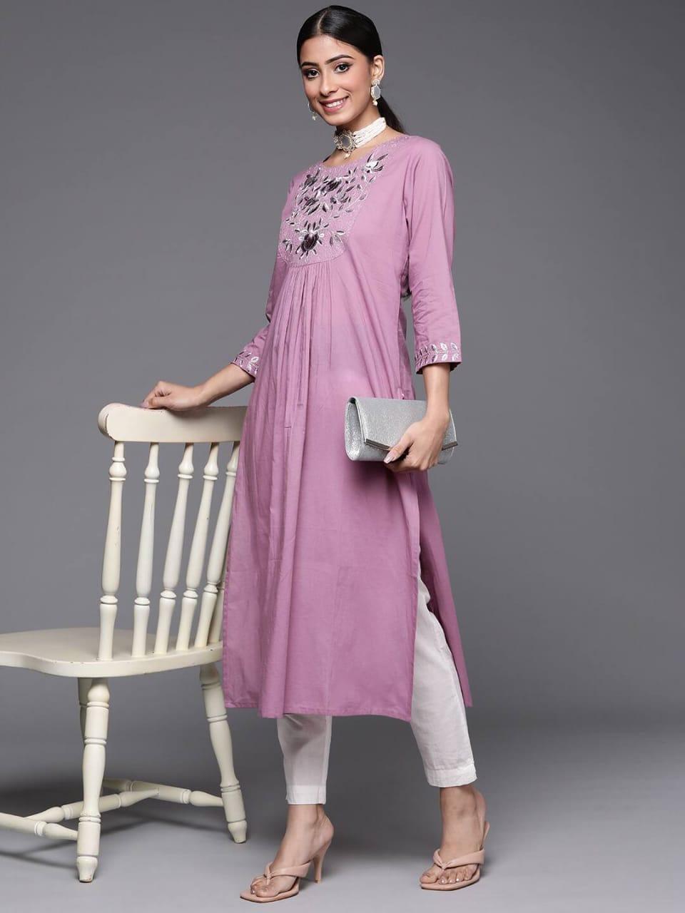 Varanga Women Mauve Ethnic Motifs Embroidered Yoke Design Pure Cotton Kurta - Indiakreations