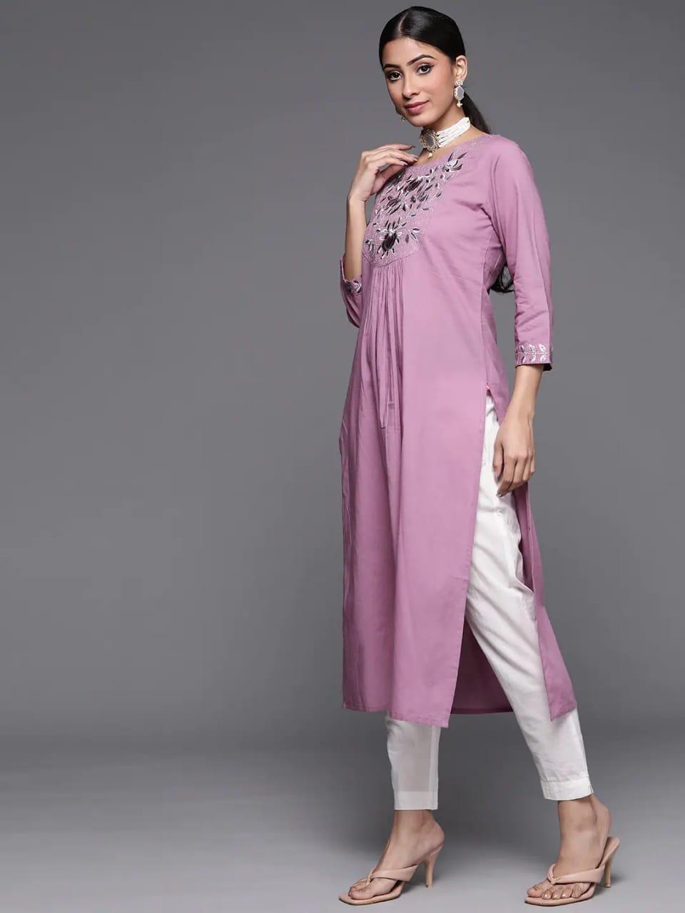 Varanga Women Mauve Ethnic Motifs Embroidered Yoke Design Pure Cotton Kurta - Indiakreations