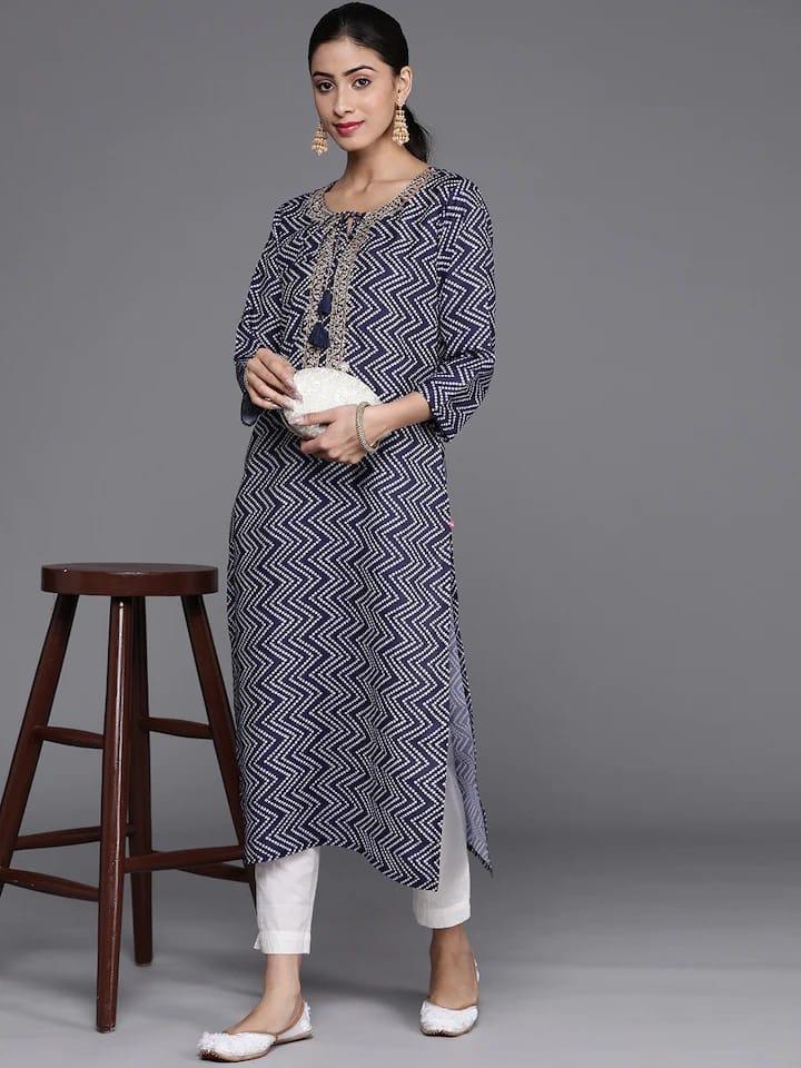 Varanga Women Navy Blue & White Bandhani Printed Gotta Patti Kurta - Indiakreations