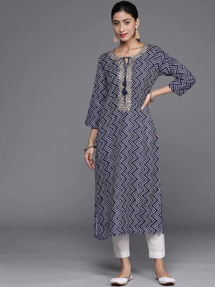 Varanga Women Navy Blue & White Bandhani Printed Gotta Patti Kurta - Indiakreations