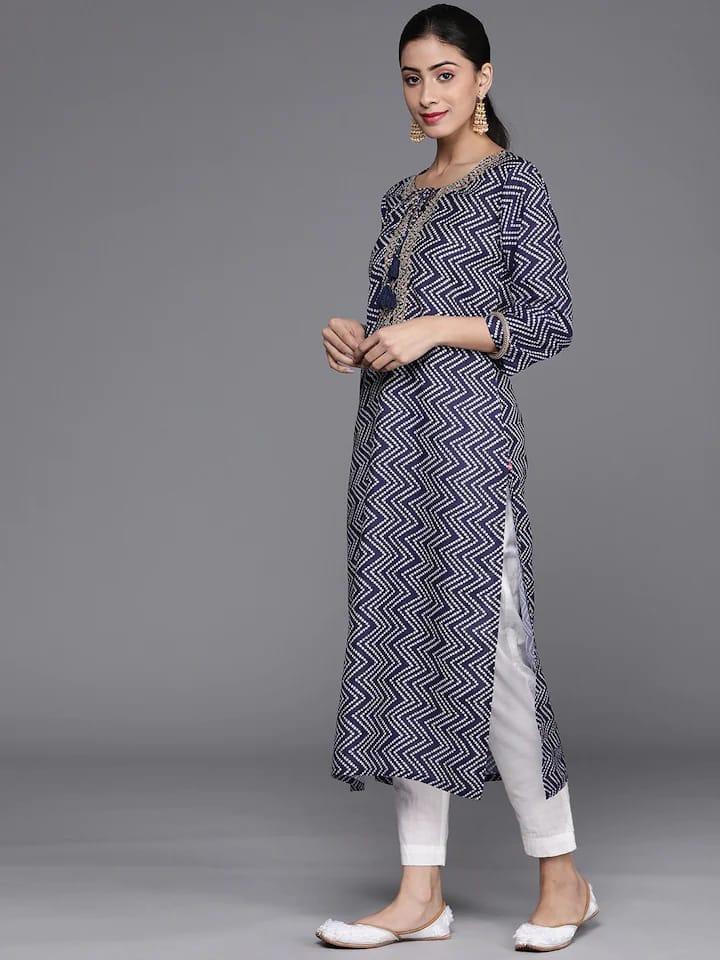 Varanga Women Navy Blue & White Bandhani Printed Gotta Patti Kurta - Indiakreations