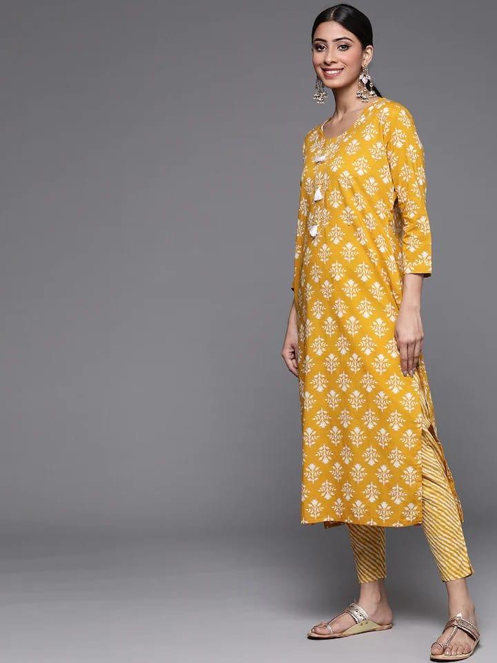 Varanga Women Mustard Yellow Ethnic Motifs Printed Sequinned Pure Cotton Kurta with Trousers & With Dupatta - Indiakreations