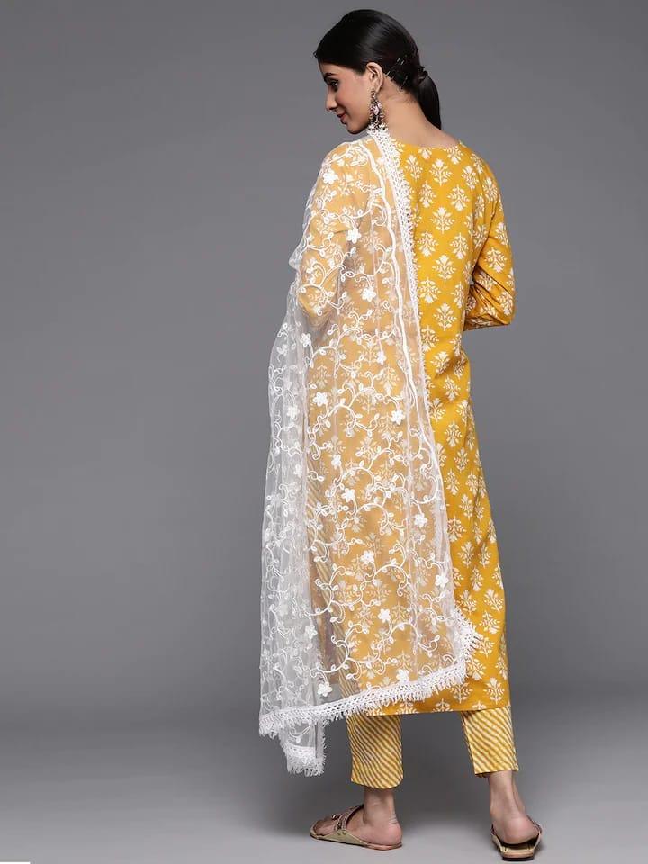 Varanga Women Mustard Yellow Ethnic Motifs Printed Sequinned Pure Cotton Kurta with Trousers & With Dupatta - Indiakreations