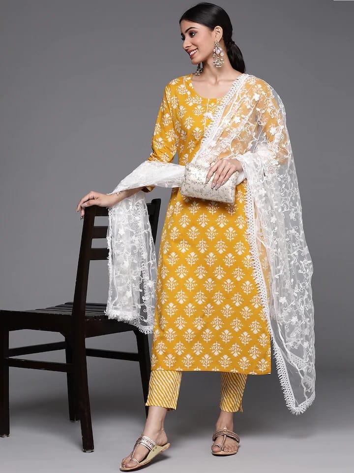 Varanga Women Mustard Yellow Ethnic Motifs Printed Sequinned Pure Cotton Kurta with Trousers & With Dupatta - Indiakreations