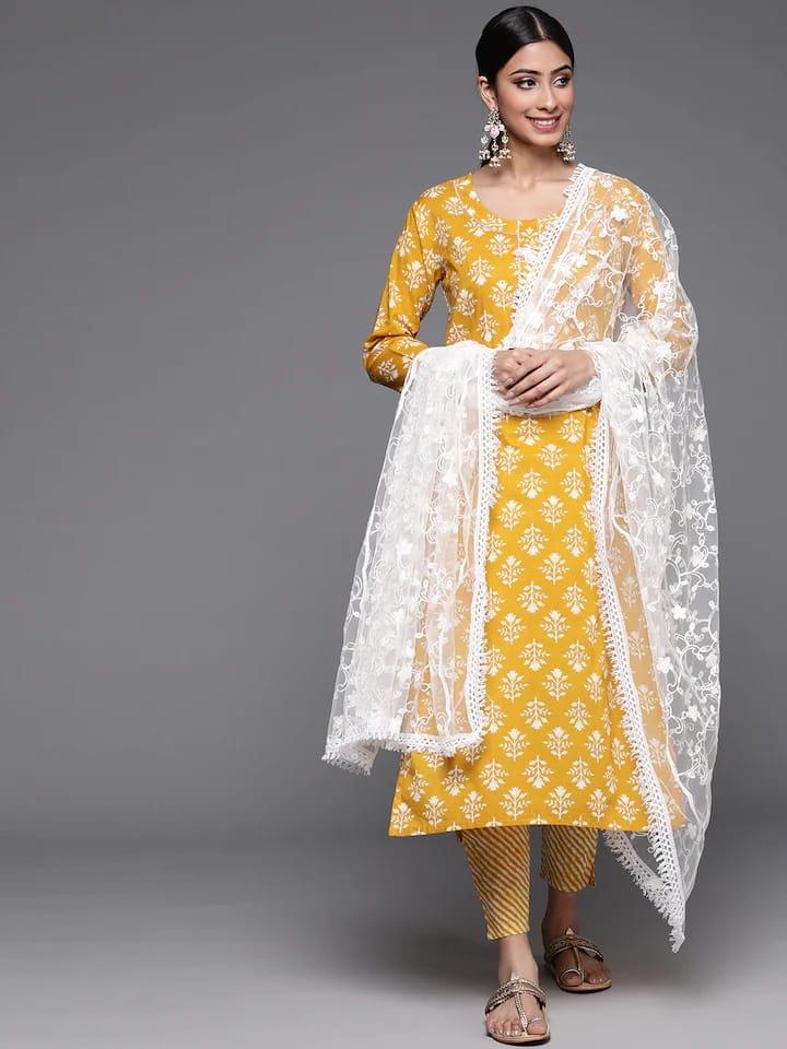 Varanga Women Mustard Yellow Ethnic Motifs Printed Sequinned Pure Cotton Kurta with Trousers & With Dupatta - Indiakreations