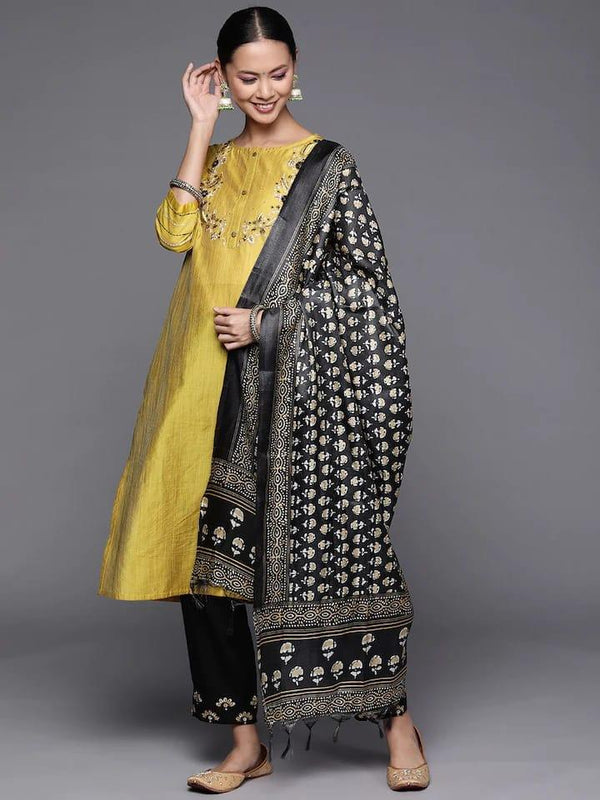 Varanga Women Mustard Yellow Ethnic Embroidered Kurta with Trousers & Dupatta - Indiakreations