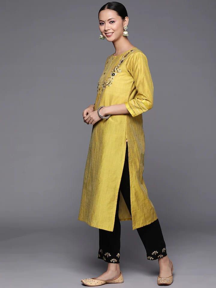 Varanga Women Mustard Yellow Ethnic Embroidered Kurta with Trousers & Dupatta - Indiakreations