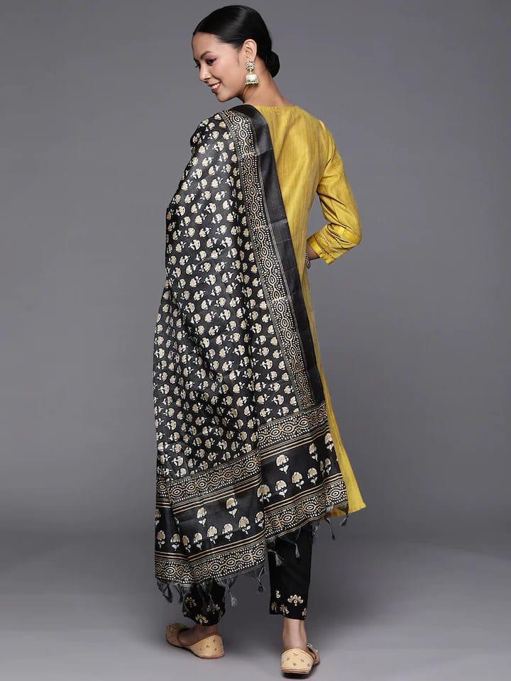 Varanga Women Mustard Yellow Ethnic Embroidered Kurta with Trousers & Dupatta - Indiakreations