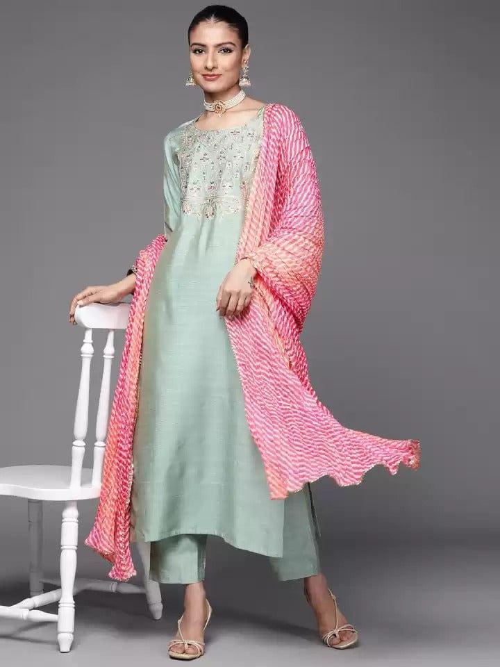 Varanga Women Sea Green & Pink Ethnic Embroidered Sequinned Kurta with Trousers & Dupatta - Indiakreations