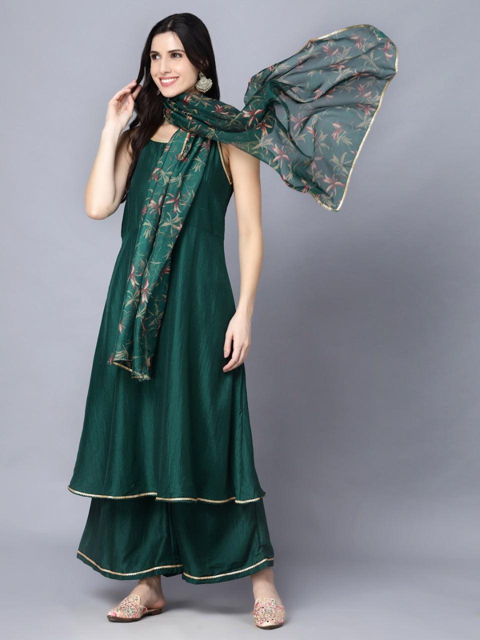 Women Dark Green Silk Kurta with Palazzo & Dupatta Set by Myshka (3 Pc Set) - Indiakreations
