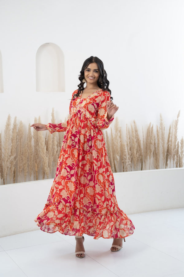 Women’s Floral Printed Long Dress by Myshka- 1 pc set