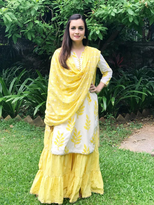 Dia Mirza in Yellow Leaf Boota Block Print Sharara Set - Set of 3