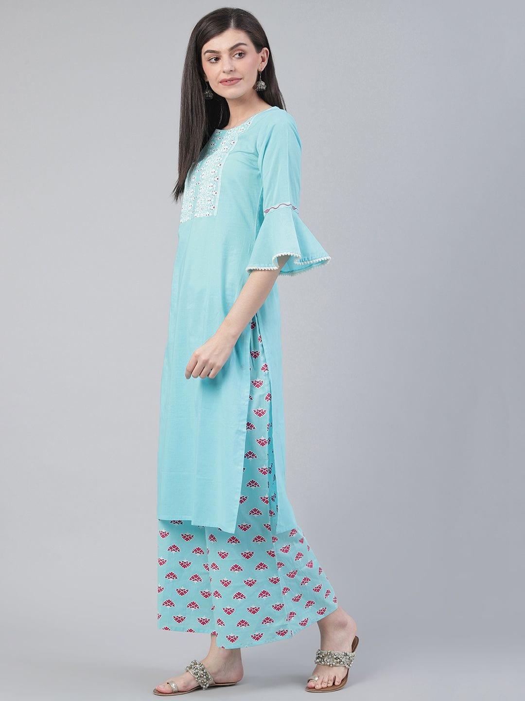 Women Blue & Red Khari Print Yoke Design Kurta With Palazzos - Indiakreations