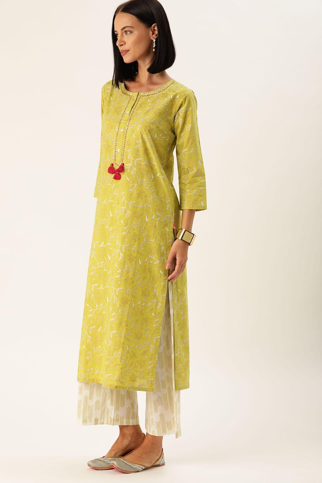 Women Lime Green & White Printed Kurta With Palazzos - Indiakreations