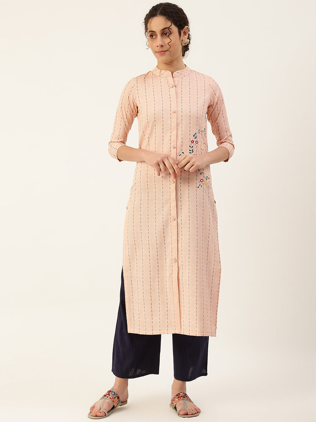 Women's Pink Color Pure Cotton Embroidery Stripe Straight Kurta - Vaaba