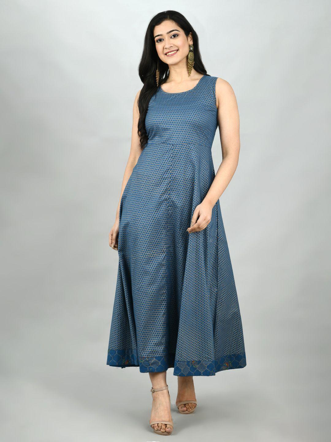 Women's Blue Cotton Printed Full Sleeve Mandarin Neck Casual Kurta Jacket Set - Myshka - Indiakreations